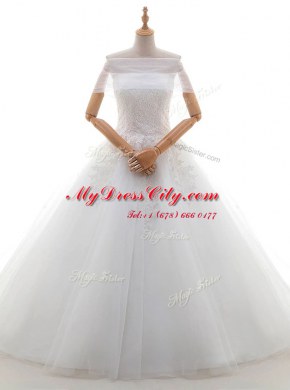 With Train A-line Cap Sleeves White Wedding Gowns Court Train Lace Up