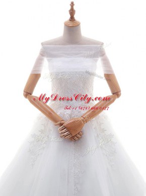 With Train A-line Cap Sleeves White Wedding Gowns Court Train Lace Up