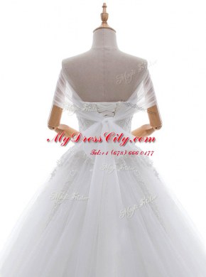 With Train A-line Cap Sleeves White Wedding Gowns Court Train Lace Up