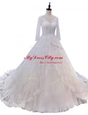 Best White Zipper Wedding Gowns Lace Long Sleeves With Train Chapel Train
