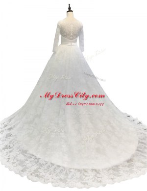 Best White Zipper Wedding Gowns Lace Long Sleeves With Train Chapel Train