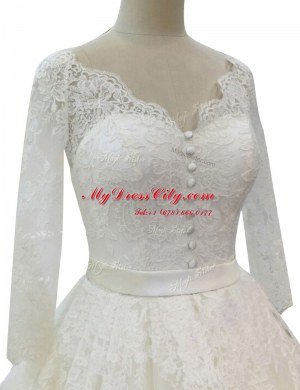 Best White Zipper Wedding Gowns Lace Long Sleeves With Train Chapel Train