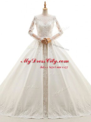Long Sleeves With Train Appliques Zipper Wedding Gowns with White Cathedral Train