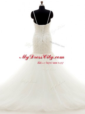 Custom Fit Mermaid Spaghetti Straps Sleeveless Wedding Gown With Brush Train Beading and Lace White Tulle