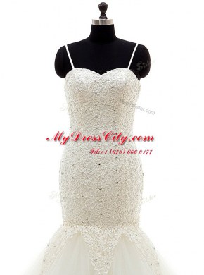 Custom Fit Mermaid Spaghetti Straps Sleeveless Wedding Gown With Brush Train Beading and Lace White Tulle