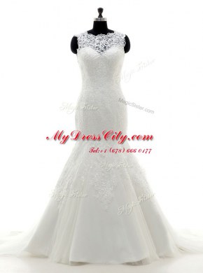 Super Mermaid Scalloped White Sleeveless With Train Lace and Appliques Clasp Handle Wedding Dresses