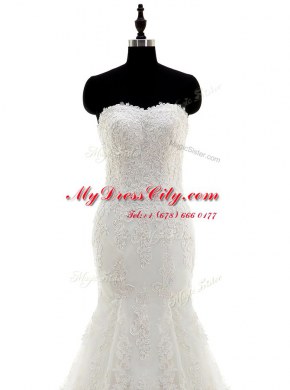 Mermaid Tulle and Lace Sleeveless With Train Wedding Gowns Sweep Train and Appliques and Sashes ribbons