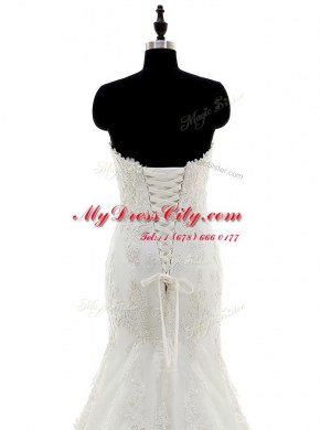 Mermaid Tulle and Lace Sleeveless With Train Wedding Gowns Sweep Train and Appliques and Sashes ribbons
