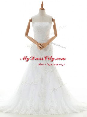 Mermaid Sleeveless Brush Train Lace and Appliques Clasp Handle Wedding Dresses