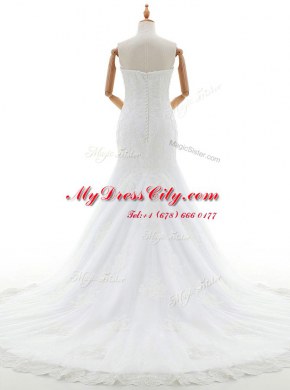 Mermaid Sleeveless Brush Train Lace and Appliques Clasp Handle Wedding Dresses