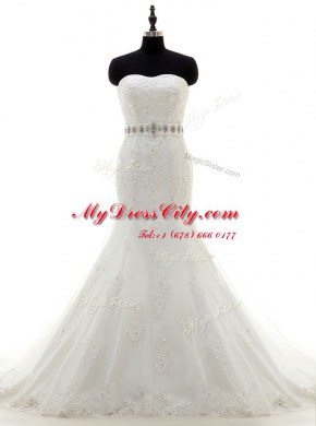 Chic Mermaid Sleeveless With Train Beading and Sashes ribbons Lace Up Wedding Dresses with White Brush Train