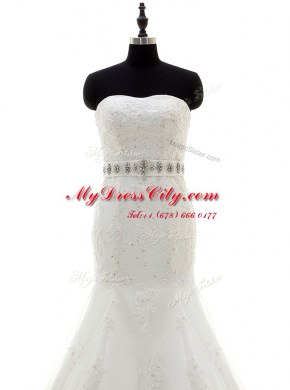 Chic Mermaid Sleeveless With Train Beading and Sashes ribbons Lace Up Wedding Dresses with White Brush Train
