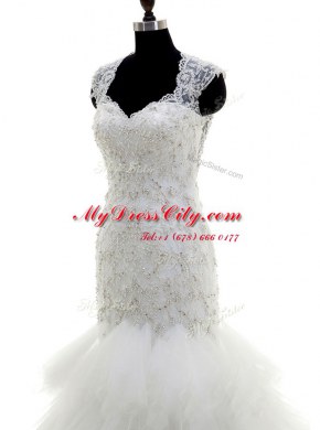 Brush Train Mermaid Wedding Gown White V-neck Tulle Cap Sleeves With Train Clasp Handle