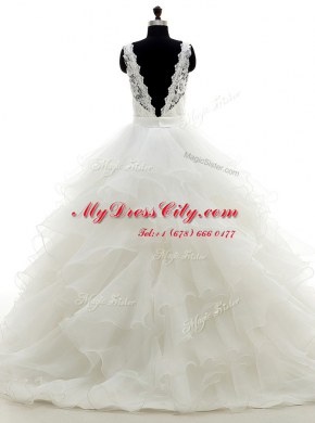 Pretty White Sleeveless Organza Brush Train Backless Wedding Dress for Wedding Party