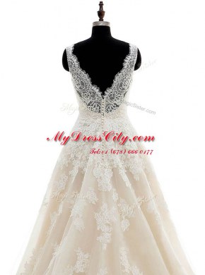 Champagne A-line Organza V-neck Sleeveless Lace and Appliques With Train Clasp Handle Bridal Gown Brush Train