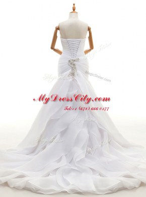 White Lace Up Sweetheart Beading and Ruffles Wedding Dresses Organza Sleeveless Court Train