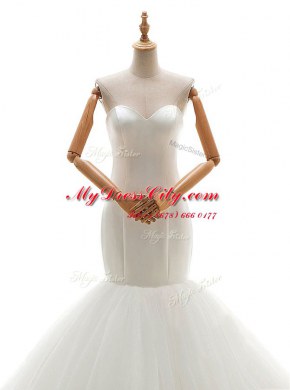 New Arrival Mermaid White Tulle Lace Up Sweetheart Sleeveless With Train Wedding Dresses Brush Train Ruching