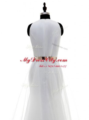 Dramatic Column/Sheath Wedding Dresses White Scoop Organza Sleeveless Floor Length Zipper