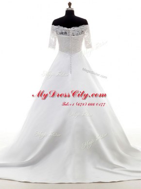 Off the Shoulder Half Sleeves With Train Lace Clasp Handle Bridal Gown with White Brush Train