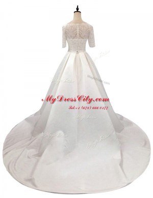 Custom Design White Zipper Wedding Dress Lace Half Sleeves With Train Chapel Train