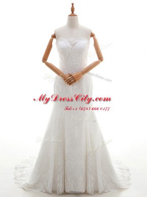 Attractive Mermaid Scalloped Sleeveless Lace Bridal Gown Lace Brush Train Lace Up