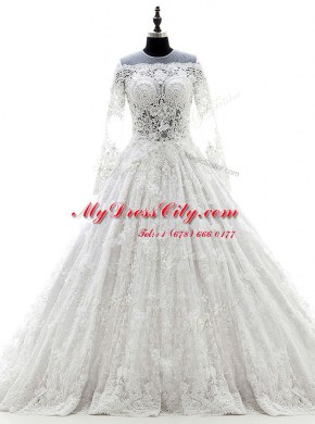 Scoop Lace White Long Sleeves Court Train Appliques Wedding Dresses