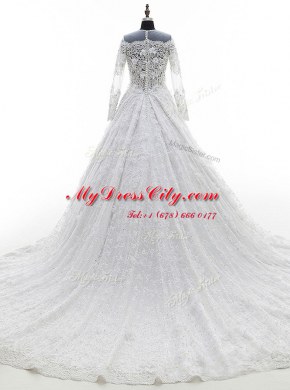 Scoop Lace White Long Sleeves Court Train Appliques Wedding Dresses