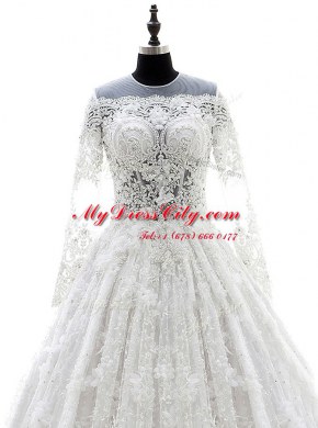 Scoop Lace White Long Sleeves Court Train Appliques Wedding Dresses