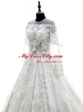 Scoop Lace White Long Sleeves Court Train Appliques Wedding Dresses