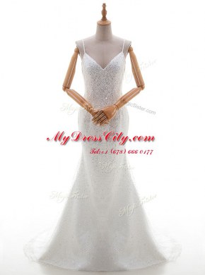 Sophisticated Mermaid White Sleeveless With Train Sequins Backless Wedding Gowns