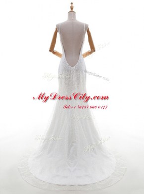 Sophisticated Mermaid White Sleeveless With Train Sequins Backless Wedding Gowns