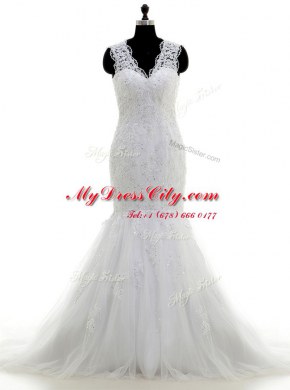 Mermaid Beading and Lace and Appliques Wedding Dresses White Clasp Handle Sleeveless With Brush Train