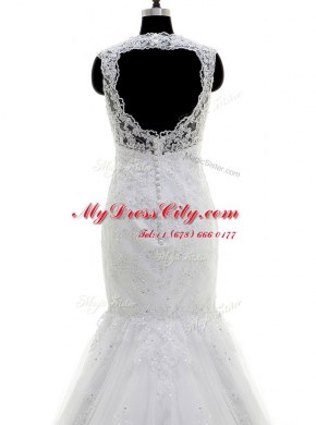 Mermaid Beading and Lace and Appliques Wedding Dresses White Clasp Handle Sleeveless With Brush Train
