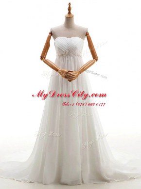 White Lace Up Wedding Dresses Beading Sleeveless With Brush Train