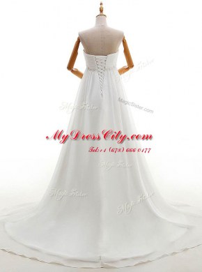 White Lace Up Wedding Dresses Beading Sleeveless With Brush Train