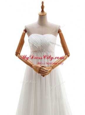 White Lace Up Wedding Dresses Beading Sleeveless With Brush Train