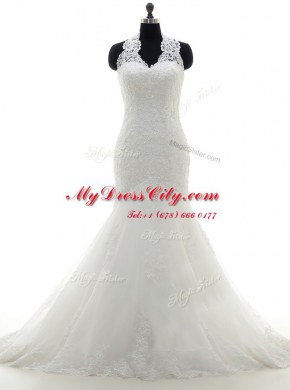 Perfect Mermaid White Sleeveless Lace Brush Train Lace Up Wedding Dresses for Wedding Party