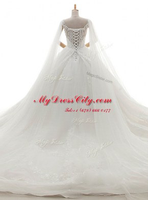 Enchanting White A-line Lace Bridal Gown Lace Up Tulle Sleeveless With Train
