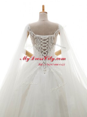 Enchanting White A-line Lace Bridal Gown Lace Up Tulle Sleeveless With Train