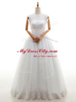 Shining Tulle Scoop Sleeveless Lace Up Lace Bridal Gown in White