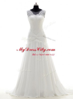 Scoop White Side Zipper Wedding Gown Lace Sleeveless With Brush Train