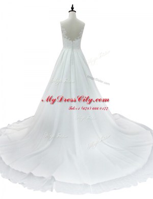 Ideal White Zipper Wedding Gown Lace Sleeveless With Train Court Train