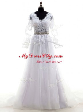 Lilac Bridal Gown For with Lace V-neck Sleeveless Court Train Clasp Handle