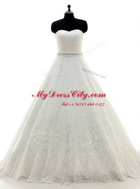 White Lace Up Sweetheart Beading and Lace Wedding Gowns Lace Sleeveless Brush Train