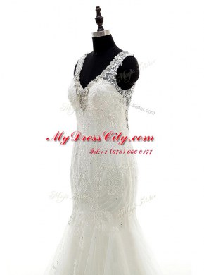 Mermaid Sleeveless Tulle and Lace Brush Train Backless Wedding Gown in White with Beading