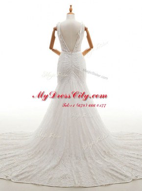 Admirable Mermaid With Train Backless Wedding Gown White for Wedding Party with Lace Chapel Train