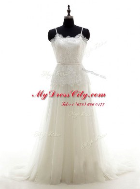 Hot Selling Sleeveless Tulle With Brush Train Zipper Wedding Dress in White with Lace
