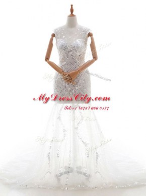 Super White Column/Sheath Tulle V-neck Sleeveless Beading and Sequins With Train Zipper Wedding Gowns Court Train