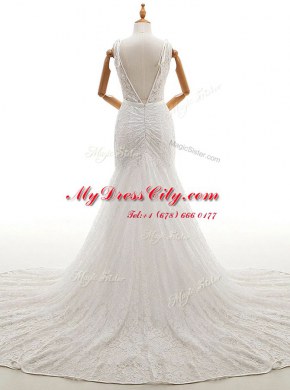 White Mermaid Lace Wedding Gowns Backless Lace Sleeveless With Train