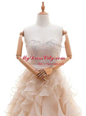 Peach Ball Gowns Organza Sweetheart Sleeveless Lace and Ruffled Layers With Train Lace Up Wedding Dress Brush Train